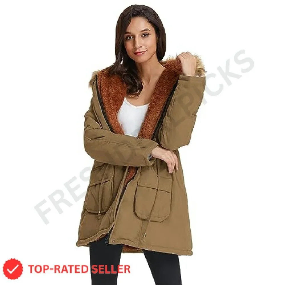 Women's Fleece Lined Parka Jacket Hooded Military Style Winter Coat Warm